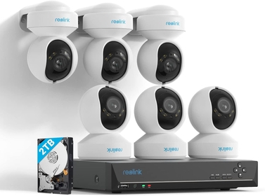 4K PoE PTZ Outdoor Security Camera System, IP Surveillance Camera E1 Outdoor PoE*6 Bundle with 8CH NVR RLN8-410, Secure 24/7 Local Storage, Auto-Tracking, Color Night Vision, Smart Detection