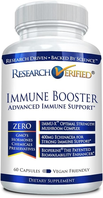 verified Immune Booster - Strengthen and Boost Immune System - Vitamins A, C, & E, Echinacea Powder, and Mushroom Complex - 60 Capsules - Vegan - Made in The USA