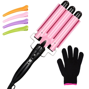 3 Barrel Curling Iron Wand Hair Waver with Two Temperature Control, 25mm(1 Inch), LCD Lights Indicate, Ceramic Professional Hair Curling Wand with 4 Pcs Hair Clips and Heat Resistant Glove