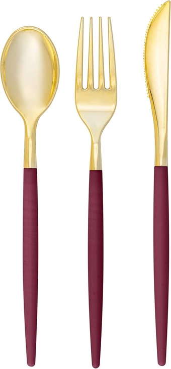 128 Pieces Two Tone Plastic Disposable Cutlery | Forks-Spoons-Knives | Full Size | Chic Round | Cranberry and Gold