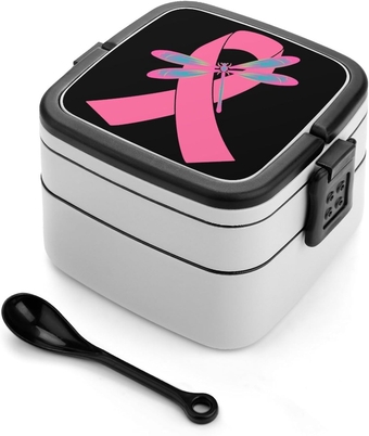 Breast Cancer Ribbon Pink Dragonfly Printed Double Layer Bento Box Detachable Lunch Boxes Containers with Spoon for Work Picnic
