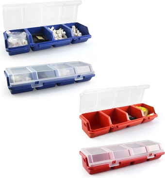 Screw Organizer Storage Bins, 4-Pack Stackable Bins with Lids Divider Compartment Containers for Garage/Craft Tool Organizing, Tool Cart Cabinet Workbench Drawers Organization and Storage