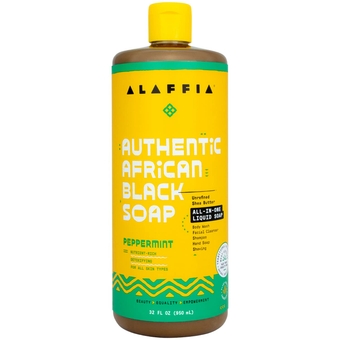 Skin Care, Authentic African Black Soap, All in One Body Wash, Face Wash, Shampoo & Shaving Soap with Fair Trade Shea Butter, Peppermint 32 Fl Oz