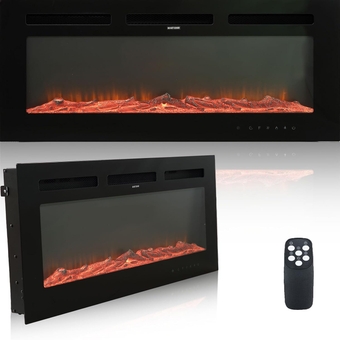 Electric Fireplace Wall Mounted and Recessed 36 Inch LED Fireplace with Remote Control 8h Timer, 12 Flames,Touch Screen, in-Wall Fireplace Heater with Log & Crystal Hearth for Living Room