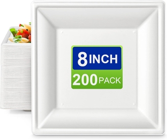 Square Paper Plates Bulk, 8 inch Paper Plates 200 Pack, Sturdy Paper Plates Heavy Duty, 100% Compostable Eco Friendly Disposable Plates, Paper Dinner Plates for Party Wedding