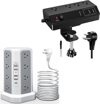 Desk Clamp Power Strip USB C (PD 20W)&Angled Flat Plug 16 AC Outlets Power Strip Tower with USB C Port(PD18W)