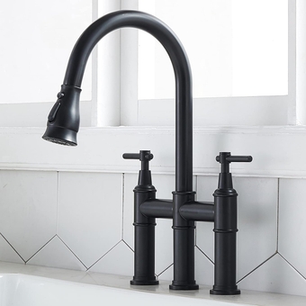 Black Bridge Kitchen Faucet, 3 Hole Farmhouse Kitchen Faucet with Pull Down Sprayer, Two Handle High Arc 360 Swivel Traditional Country Heritage Solid Faucets for Kitchen Sinks