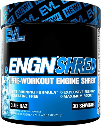 EVL Ultimate Pre Workout Powder - Thermogenic Fat Burn Support Preworkout Powder Drink for Lasting Energy Focus and Stamina - ENGN Shred Intense Creatine Free Preworkout Drink Mix - Blue Raz