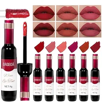 6Pcs Velvet Wine Lip Tint,Matte Lipstick Velvety Lip Makeup Set, Highly Pigmented Liquid Lipstick, Non-stick Cup Lip Makeup Gift Kit for Girls Women(A Set)
