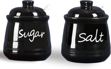 12oz Sugar and Salt Bowls with Lid and Spoon, Ceramics Condiment Pots,Seasoning Jar Spice Container for Kitchen,Dishwasher Safe (Black)