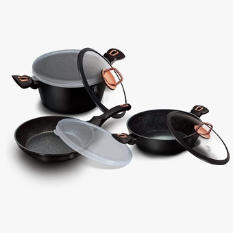 Berlinger Haus Cookware Set – Turbo Induction Based and Elegant Design – include Casserole with lid, Shallow pot with lid, Frypan and Plastic lid 1 pc | 7-Piece Black Rose Collection