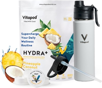 Hydra+ Pineapple Flavored Water Enhancer Pods Starter Bundle, Water Flavoring, Sugar Free, Vitamin C, Vitamin D, Zinc, 30 Pods, 22 oz Stainless Steel Water Bottle, White