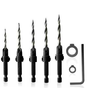 Wood Tapered Drill Bits with Improved Countersink Drill Bit Set#4,#6,#8,#10,#12 Adjuestable for Different Screw Lengths,3pc Drill bit Set with Hex Wrench,Depth Stop Collar (5)