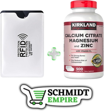 Kirkland Signature Calcium Citrate, Magnesium and Zinc, 500 Tablets + 1 Card Protector SchmiidtEmpire + Sticker (500ct - Pack of 1)