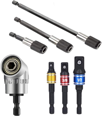 Right Angle Drill Bit with Extension Bar,1Pcs 1/4'' 105 Degree Right Angle Drill+3Pcs 1/4 Extension Bar Hex Shank Screwdriver Bit Holder+3Pcs Impact Socket Square Nut Driver Bit
