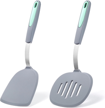 2 Pieces Silicone Spatula set, BPA Free Turner Spatulas, Heat Resistant Silicone Cooking Flipper for Eggs, Fish, Pancakes, Light Grey