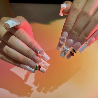 24Pcs White Press on Nails Christmas Fake Nails Long Square False Nails Cherry Rhinestones Glue on Nails Nude Acrylic Nails French Press on False Nails Pearl Artificial Nails