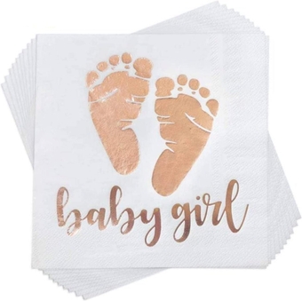 100 Pack Baby Girl Shower Napkin Rose Gold Baby Girl Letters and Baby Footprint Pattern Beverage Napkins 3-Ply White Paper Cocktail Napkins for Girl Baby Shower Party