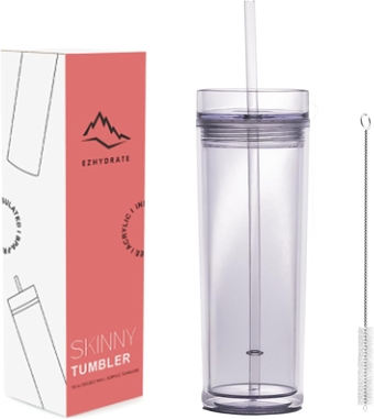 SKINNY TUMBLERS (1 pack) - CLEAR- Matte Pastel Colored Acrylic Single Tumbler with Lid and Straw | 16oz Double Wall Reusable Plastic Tumbler w Straw Cleaner INCLUDED