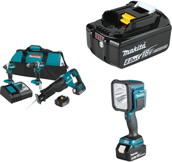 XT328M 18V LXT Lithium-Ion Brushless Cordless 3-Pc. Combo Kit (4.0Ah), BL1860B 18V LXT Lithium-Ion 6.0Ah Battery, and DML812 18V LXT Lithium-Ion Cordless L.E.D. Flashlight/Spotlight