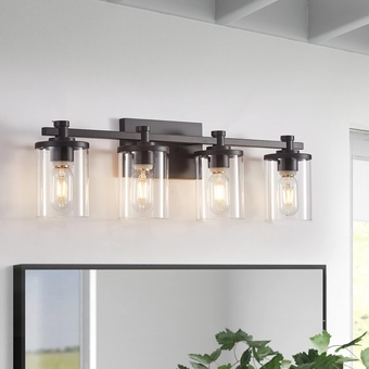 4 Light Bathroom Vanity Light Fixtures, Black Vanity Lights Lighting Fixtures, Modern Bathroom Lighting Fixtures Over Mirror with Clear Glass Shade and Metal Base