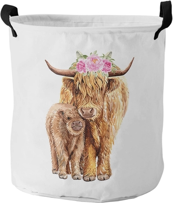 Laundry Basket Scotland Highland Cattle with Pink Floral,Waterproof Collapsible Clothes Hamper Farmhouse Animal Flowers on White,Large Storage Bag for Bedroom Bathroom 60L (16"x17")