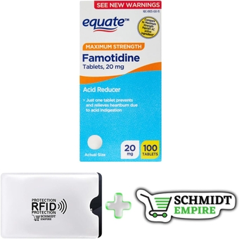 Equate Maximum Strength Famotidine Tablets, 20 mg, Acid Reducer, 100 Count + 1 Card Protector SchmiidtEmpire + Sticker (100)