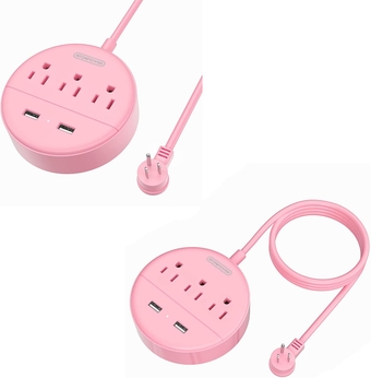 10FT and 5 FT Long Extension Cord Power Strip with USB Bundle,  Pink Charging Station with 3 Outlets and 2 USB, Travel Power Strip Flat Plug, Wall Mount for Home Office Dorm Room Cruise Ship