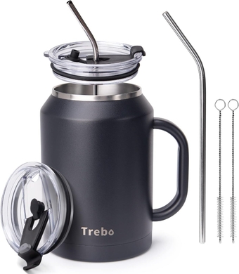 50 oz Stainless Steel Mug Tumbler with Handle, Vacuum Insulated Large Iced Coffee Cup with Lids and Straws,Reusable Water Bottle Trave Flask Jug Keeps Drinks Cold up to 36 Hrs,Sweat Proof,Black