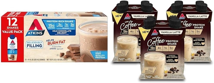 Milk Chocolate Delight Protein Shake & Iced Coffee Vanilla Latte Protein Shake, 15g Protein, Low Glycemic, 4g Net Carb, 1g Sugar, Keto Friendly, 3 PACK
