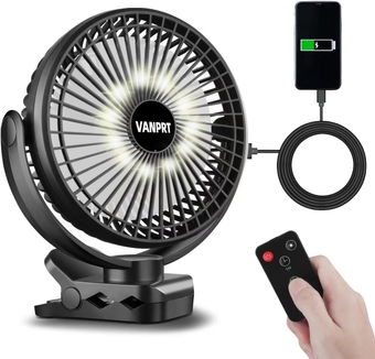 8'' Rechargeable Portable Hanging RV Tent Clip fan with Remote, 10000mAh Camping Fan, 3 Speed, Max 40 Hours Working Time, with LED light and Timer, 720°Rotation, as Emergency Power - Black