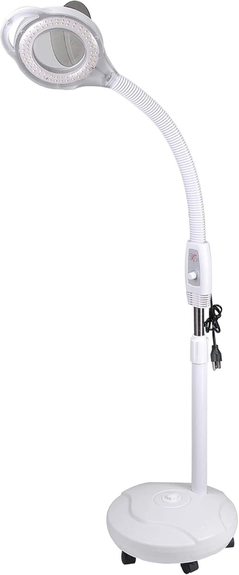 AW 5X Magnifier LED Magnifying Lamp Floor Stand Rolling Adjustable Gooseneck Glass Lens for Salon Facial Reding Home Repair Reading Close Work