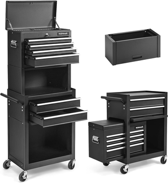 6-Drawer Rolling Tool Chest, Sturdy 3-in-1 Tool Box Organizer Detachable Top-Box with Locking System, Lockable Wheels, Ideal for Garage Workshop -Heighten 6 Drawers & Black