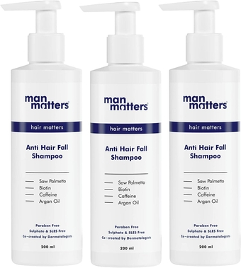 Man Matters Double DHT Blocking Anti Hair Fall Shampoo for Men | with Saw Palmetto, Caffeine, Biotin & Argan Oil | Dermatologically formulated | SLS Free| Pack of 3