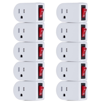 Grounded Power Adapter Switch - Electrical Outlet with On/Off Power Switch - 3-Prong Electric Plug with Red Light Indicator - ETL Listed (Pack of 10)