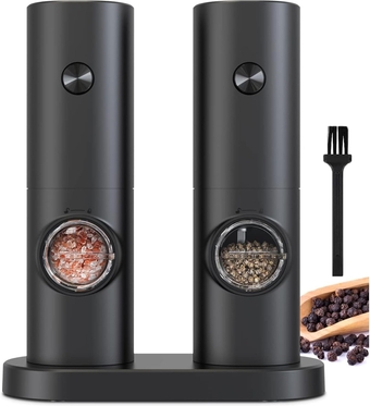 Electric Pepper and Salt Grinder Set, Battery Powered Adjustable 5 Levels of Coarseness Black Pepper Grinder Mill with Stand, Automatic Grinding with LED Light for BBQ Resturant Kitchen