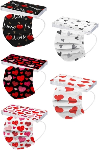 Valentine Day FaceMask 50Pcs - Printed Adults Face_Mask for Women and Men, Love Heart Shaped Design Couples Facemask, 5-stylish Holiday Disposable Face_Mask Multicolor