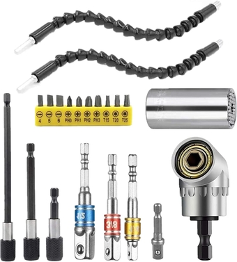 Flexible Drill Bit Extension & Universal Socket Wrench Tool Set, 105° Right Angle Drill Attachment, 1/4 3/8 1/2" Universal Socket Adapter Set, 3Pcs Screwdriver Bit Holder & Screwdriver Bit Kit