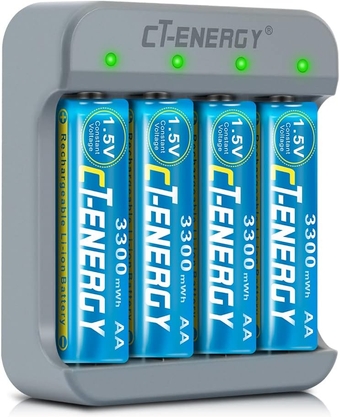 AA Rechargeable Batteries with Charger 4 Pack Fast Charging 1 Hour 1.5v Lithium Double A Battery Rechargeable High Capacity 3300mWh with 1500 Cycle