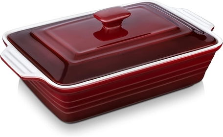 Nonstick Casserole Dish with Lid, 4.5 Quart Lasagna Pan Deep, 9x13 Ceramic Baking Dish for Dinner, Banquet, and Party, Gradient Red
