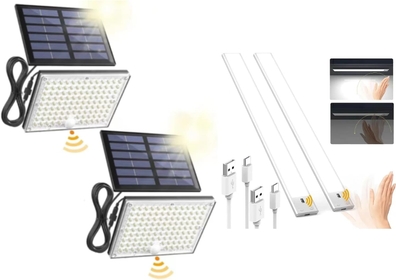 16″ Under Cabinet Lights & Solar Outside Lights with 113 Bright LEDs 9000K, Motion Sensor Outdoor Flood Lights Dusk to Dawn with 16ft Cable IP65 Waterproof, Security Light for Garden Barn