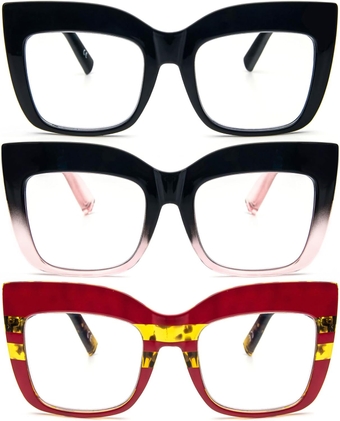 3 Pack Oversized Reading Glasses for Women Thick Large Frame Blue Light Blocking Stylish Computer Readers Spring Hinge