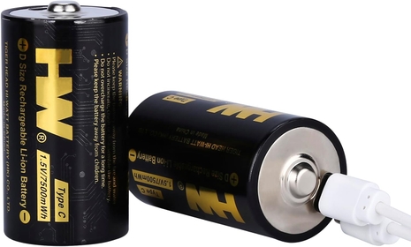 USB-C Rechargeable Lithium D Batteries, 2-Pack 5000mAh/7500mWh Fast Charging with Over 1000 Cycles D Cell Long Lasting Lithium Batteries for Flashlight & floodlight