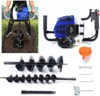 52cc Gas Powered Post Hole Digger with Earth Auger Drill Bits - Perfect for Ground Fence, Tree, and Shrub Installation - Includes 4"/8" Cast Steel Drill Bits and Extension Bar (Blue)