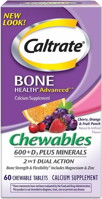 Calcium & Vitamin D3 Supplement 600+D3 Plus Minerals Chewable Tablet, 600mg (Cherry, Orange, and Fruit Punch Flavors, 60 Count (Pack of 3)