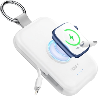 Portable Apple Watch Charger,5000mAh iWatch Wireless Charger Power Bank with Built-in Cable,Travel Keychain Charger for Apple Watch 9/Ultra2/8/Ultra/7/6/Se/5/4/3,iPhone 15/14/13/12/11 (White)
