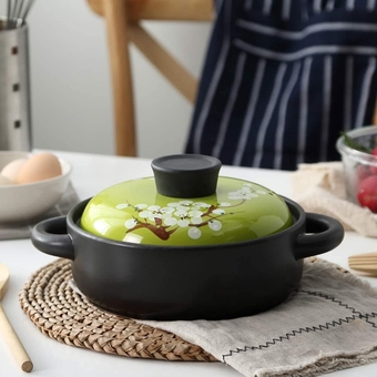 Casserole Non-Stick Earthen Pot,Heat-Resistant Ceramic Covered Casserole with Glaze Lid and Handle Clay Pot Casserole Dish/Green/3.7Quart (Green 1.58Q