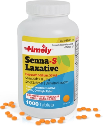 Timely Senna S Laxative - 1000 Count Tablets - Compared to the Active Ingredients in Senokot-S - Natural Vegetable Based Laxatives for Constipation Relief, Gentle Overnight Relief and Stool Softener