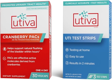 10% Bundle Utiva Cranberry PACs 30 Vegi Capsules Cranberry Supplement for Urinary Tract Health for Women and Men + UTI Test Strips 3 Individual Urine Test Strips for Women and Men