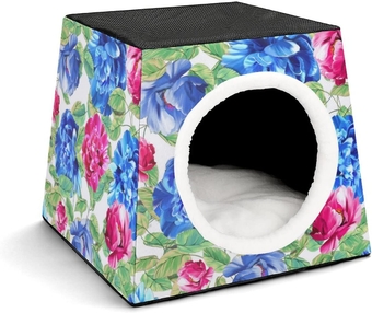 Printed Pet House for Cats or Small Dogs Indoor Cat Bed Sofa Outdoor Cat Cube Condo Blue Red Peony